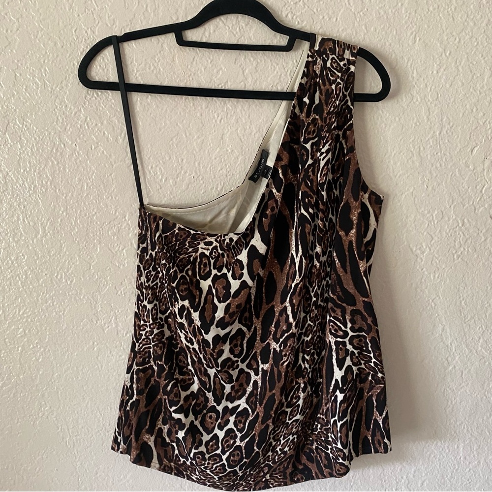 ST. JOHN Brown Leopard Print One-Shoulder Top Size 10 Brown Black Chic - Picture 2 of 6